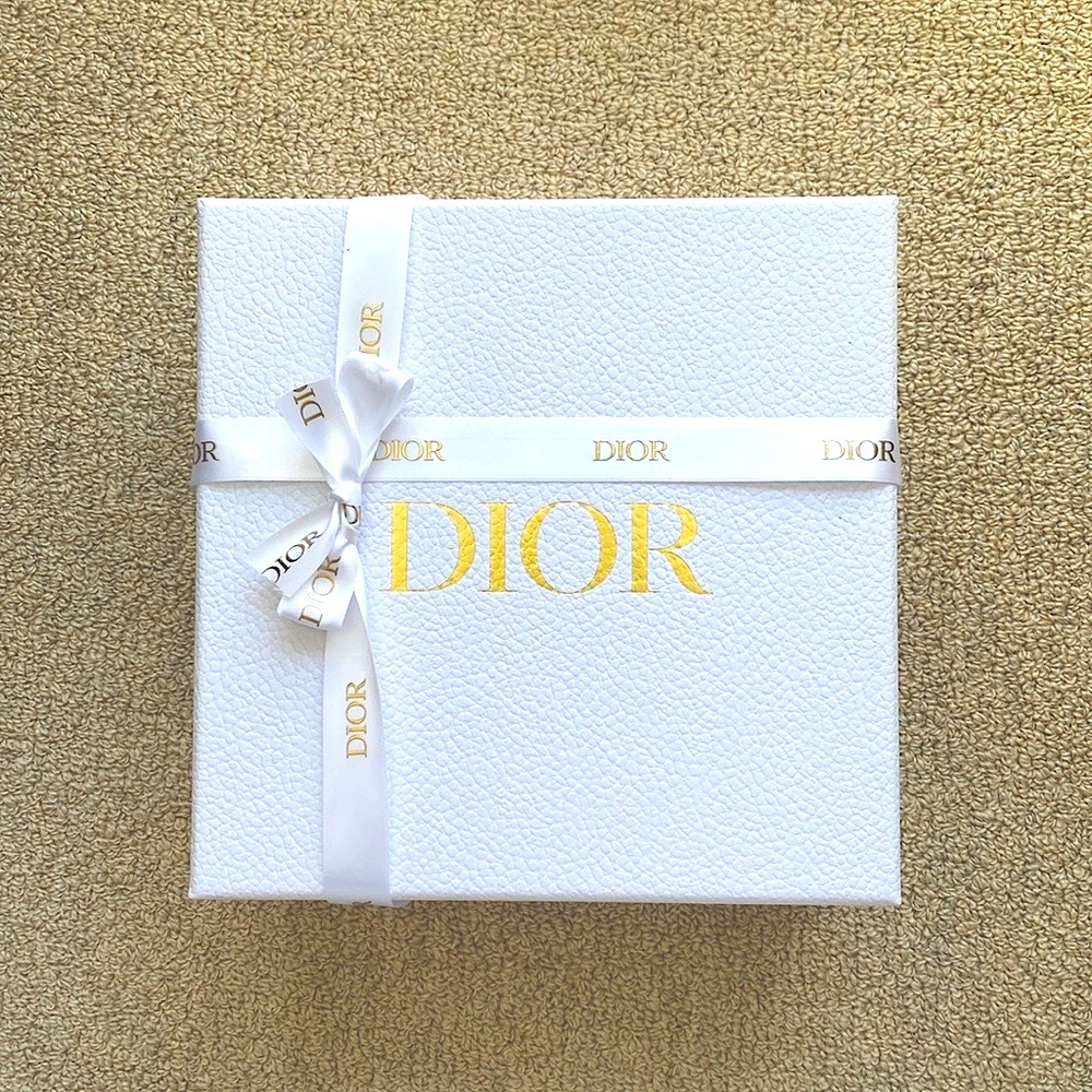 Dior empty white box with gold logo ribbon